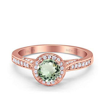 14K Rose Gold 0.67ct Round Halo 6.5mm G SI Natural Green Amethyst Diamond Engagement Wedding Ring Size 6.5